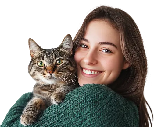 Moça sorridente abraçando um gato rajado